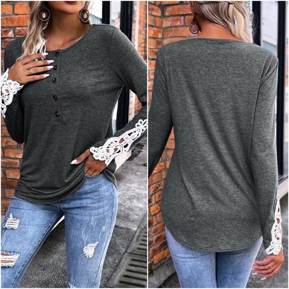 Boho Lace Sleeve Button Top - Picture 2 of 4